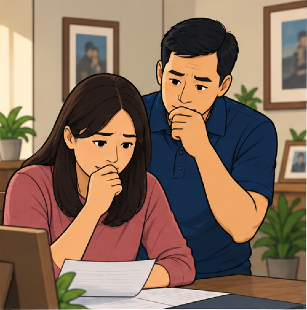 Worried mother reads a letter at a table as a father lean in, looking concerned.